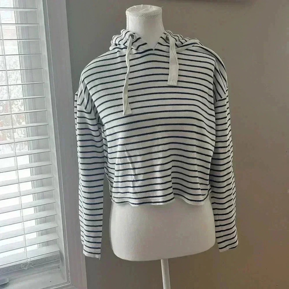 ❤️2/$30❤️[XS] BP. Drawstring Hoodie Cotton Knit  Blue/White Stripe Long Sleeve - Picture 1 of 8
